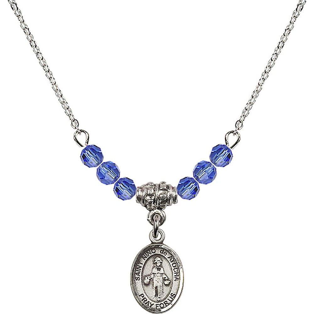 Sterling Silver Saint Nino de Atocha Birthstone Necklace with Sapphire Beads - 9214