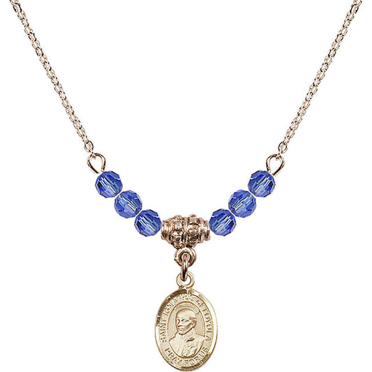 14kt Gold Filled Saint Ignatius of Loyola Birthstone Necklace with Sapphire Beads - 9217