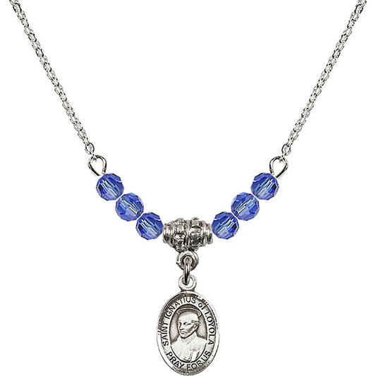 Sterling Silver Saint Ignatius of Loyola Birthstone Necklace with Sapphire Beads - 9217