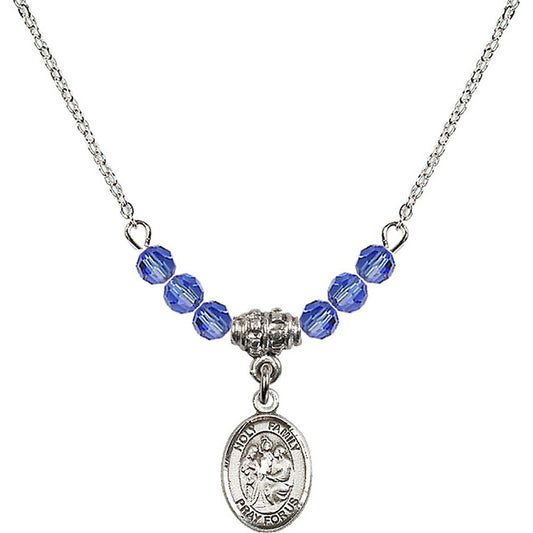 Sterling Silver Holy Family Birthstone Necklace with Sapphire Beads - 9218