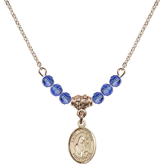 14kt Gold Filled Saint Gertrude of Nivelles Birthstone Necklace with Sapphire Beads - 9219