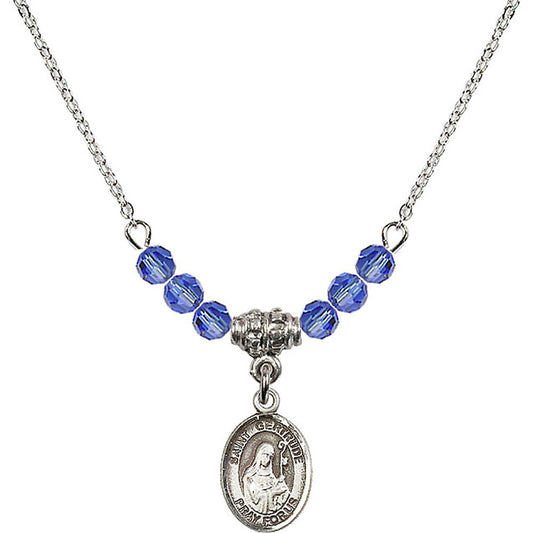 Sterling Silver Saint Gertrude of Nivelles Birthstone Necklace with Sapphire Beads - 9219