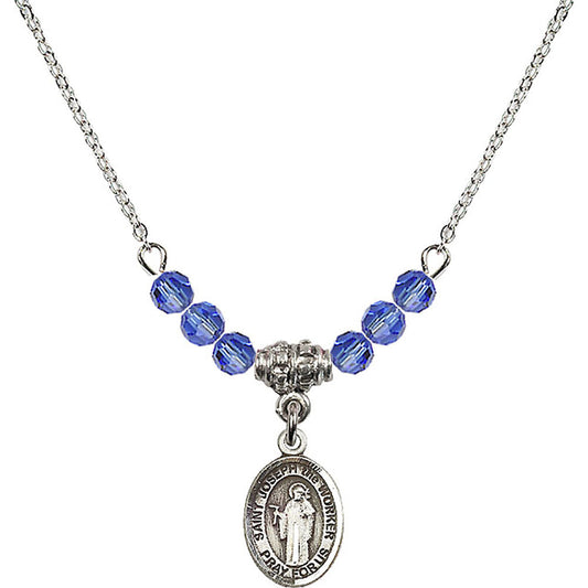 Sterling Silver Saint Joseph the Worker Birthstone Necklace with Sapphire Beads - 9220
