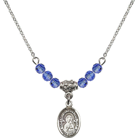 Sterling Silver Our Lady of Perpetual Help Birthstone Necklace with Sapphire Beads - 9222