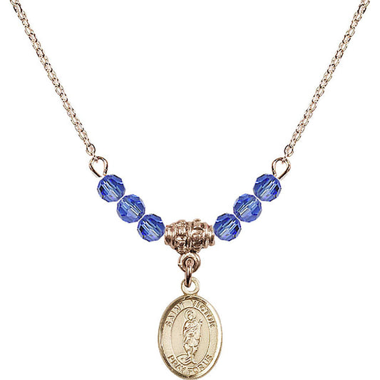 14kt Gold Filled Saint Victor of Marseilles Birthstone Necklace with Sapphire Beads - 9223