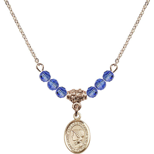 14kt Gold Filled Saint Elizabeth Ann Seton Birthstone Necklace with Sapphire Beads - 9224