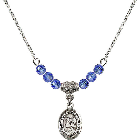 Sterling Silver Saint Elizabeth Ann Seton Birthstone Necklace with Sapphire Beads - 9224