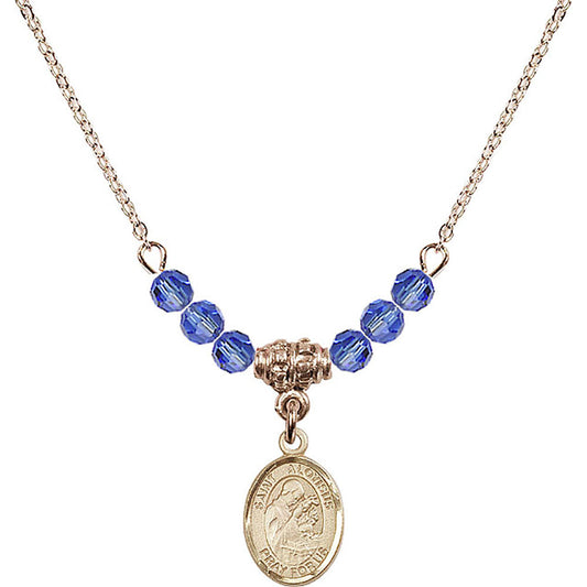 14kt Gold Filled Saint Aloysius Gonzaga Birthstone Necklace with Sapphire Beads - 9225