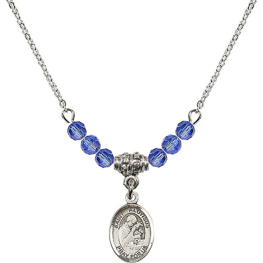 Sterling Silver Saint Aloysius Gonzaga Birthstone Necklace with Sapphire Beads - 9225