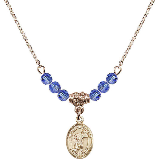 14kt Gold Filled Saint Stephanie Birthstone Necklace with Sapphire Beads - 9228