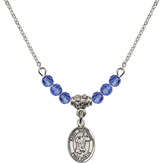 Sterling Silver Saint Stephanie Birthstone Necklace with Sapphire Beads - 9228
