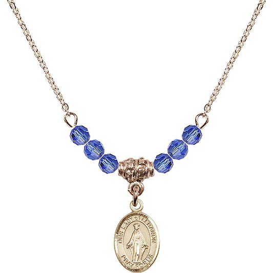 14kt Gold Filled Our Lady of Lebanon Birthstone Necklace with Sapphire Beads - 9229