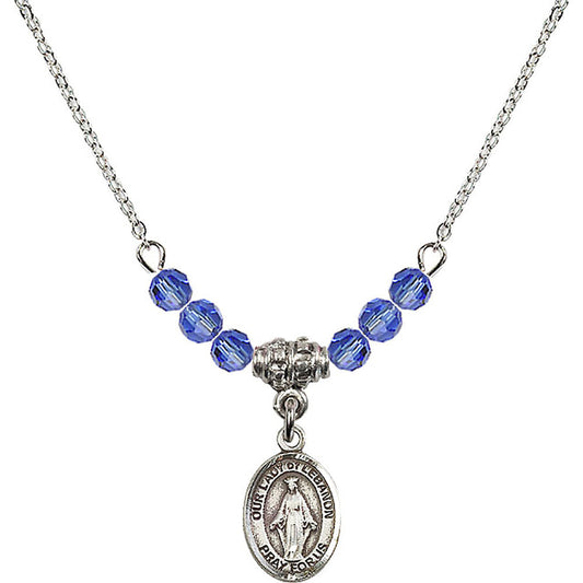 Sterling Silver Our Lady of Lebanon Birthstone Necklace with Sapphire Beads - 9229