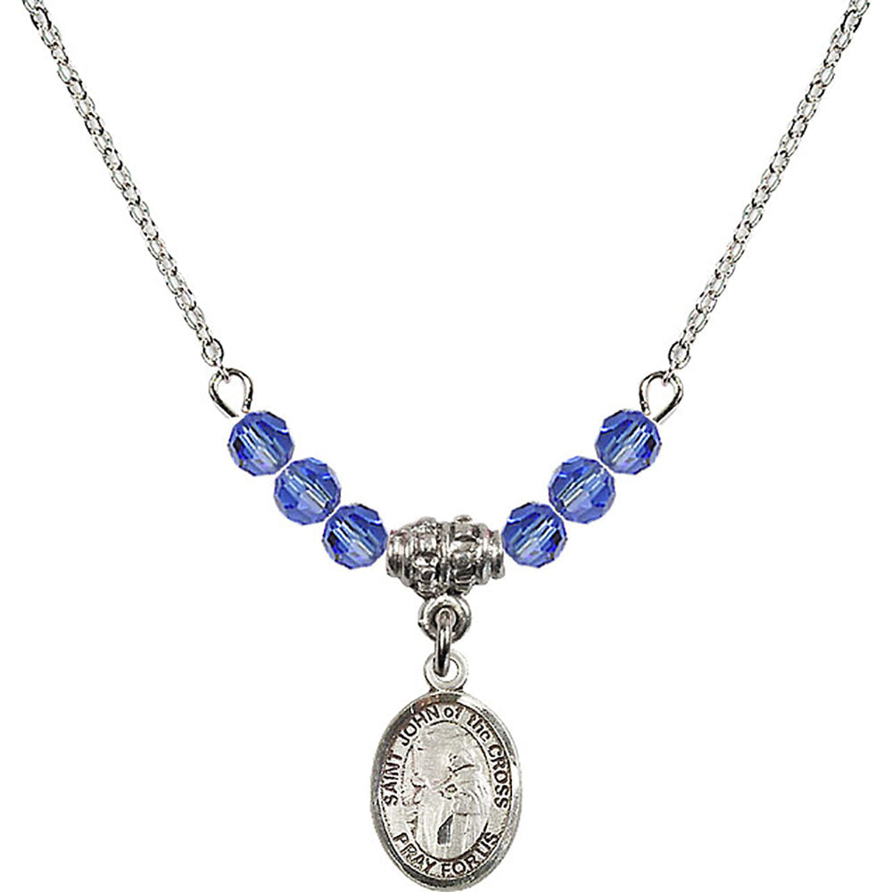 Sterling Silver Saint John of the Cross Birthstone Necklace with Sapphire Beads - 9231