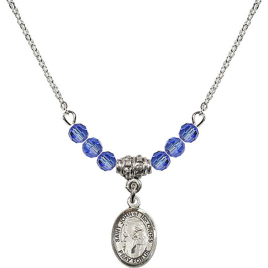 Sterling Silver Saint John of the Cross Birthstone Necklace with Sapphire Beads - 9231