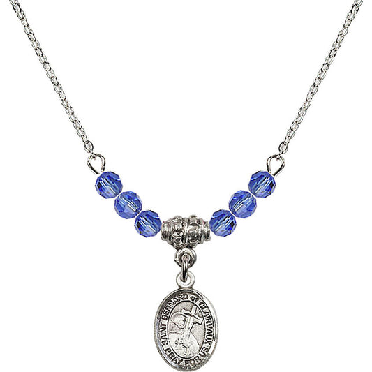 Sterling Silver Saint Bernard of Clairvaux Birthstone Necklace with Sapphire Beads - 9233