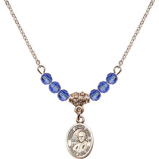 14kt Gold Filled Saint John Paul II Birthstone Necklace with Sapphire Beads - 9234