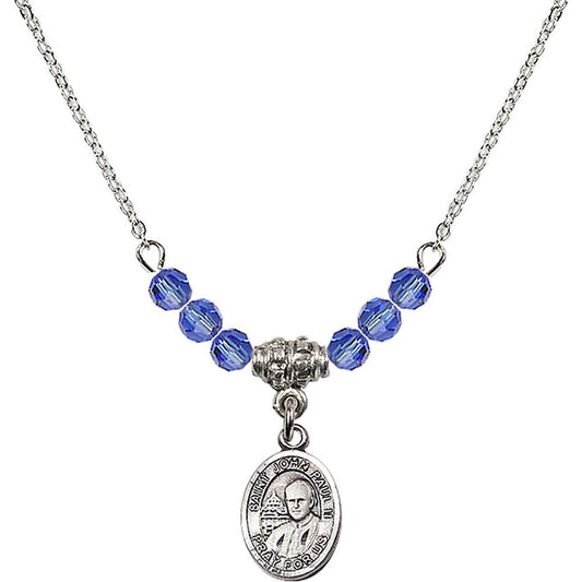 Sterling Silver Saint John Paul II Birthstone Necklace with Sapphire Beads - 9234