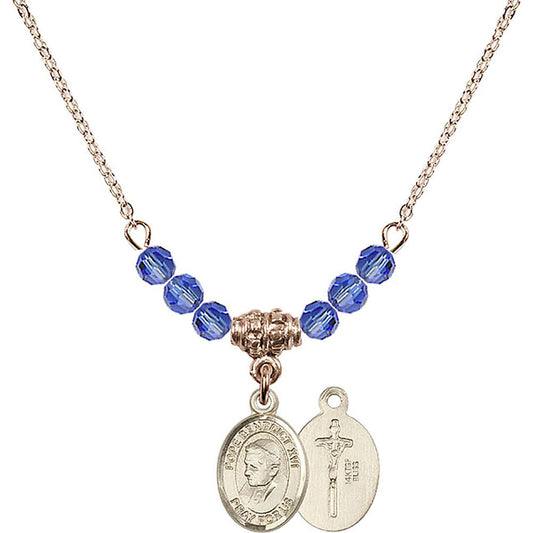 14kt Gold Filled Pope Emeritace Benedict XVI Birthstone Necklace with Sapphire Beads - 9235
