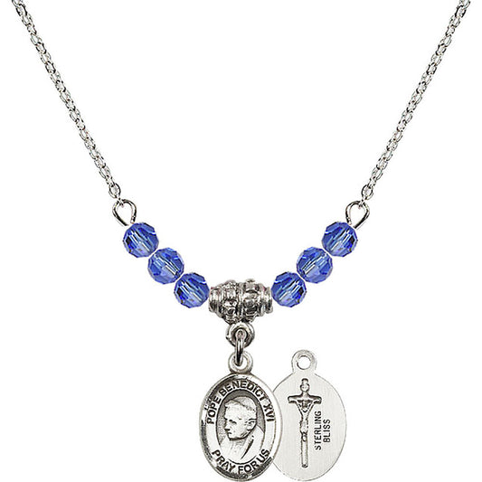 Sterling Silver Pope Emeritace Benedict XVI Birthstone Necklace with Sapphire Beads - 9235