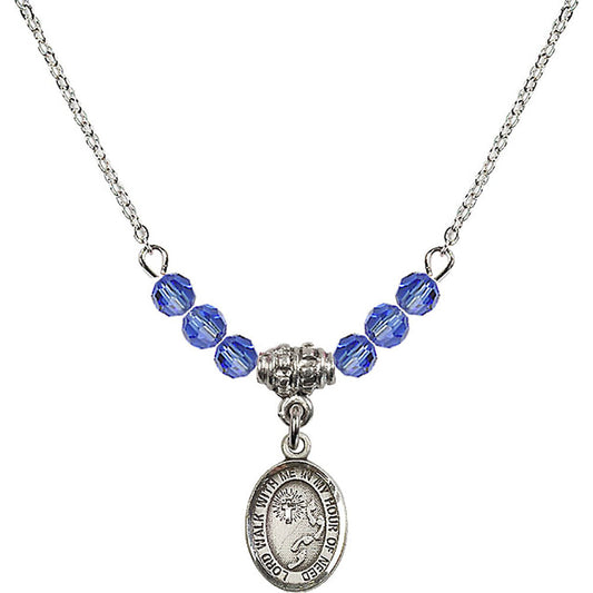 Sterling Silver Footprints / Cross Birthstone Necklace with Sapphire Beads - 9237