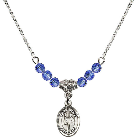 Sterling Silver Saint Maurus Birthstone Necklace with Sapphire Beads - 9241