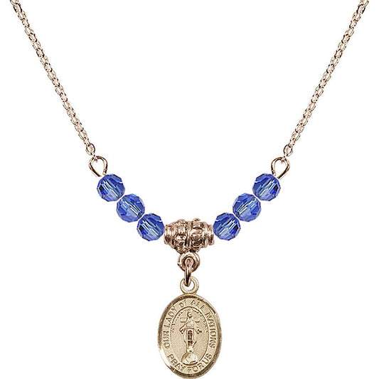 14kt Gold Filled Our Lady of All Nations Birthstone Necklace with Sapphire Beads - 9242