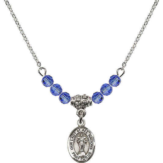 Sterling Silver Our Lady of All Nations Birthstone Necklace with Sapphire Beads - 9242