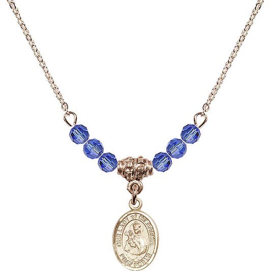 14kt Gold Filled Our Lady of Mount Carmel Birthstone Necklace with Sapphire Beads - 9243