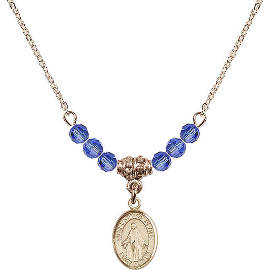 14kt Gold Filled Our Lady of Peace Birthstone Necklace with Sapphire Beads - 9245