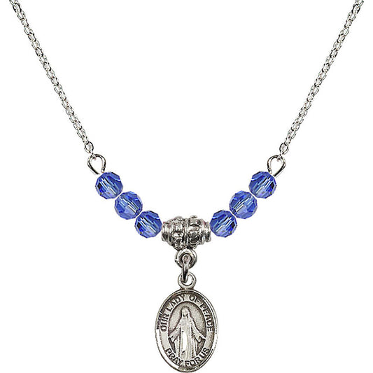 Sterling Silver Our Lady of Peace Birthstone Necklace with Sapphire Beads - 9245
