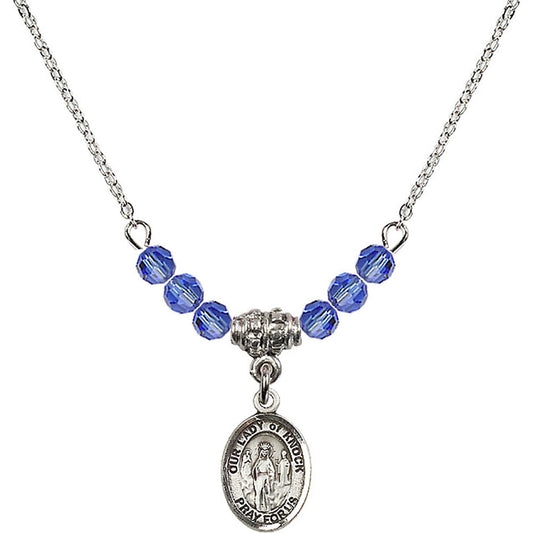 Sterling Silver Our Lady of Knock Birthstone Necklace with Sapphire Beads - 9246