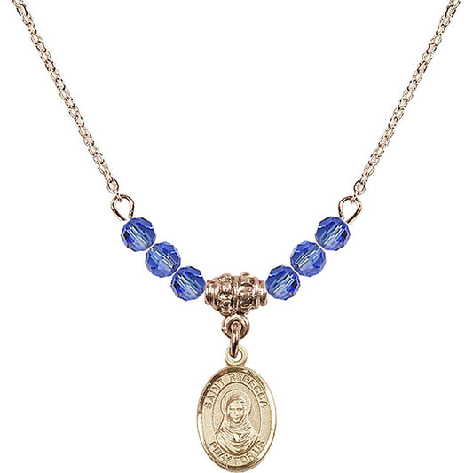 14kt Gold Filled Saint Rebecca Birthstone Necklace with Sapphire Beads - 9252