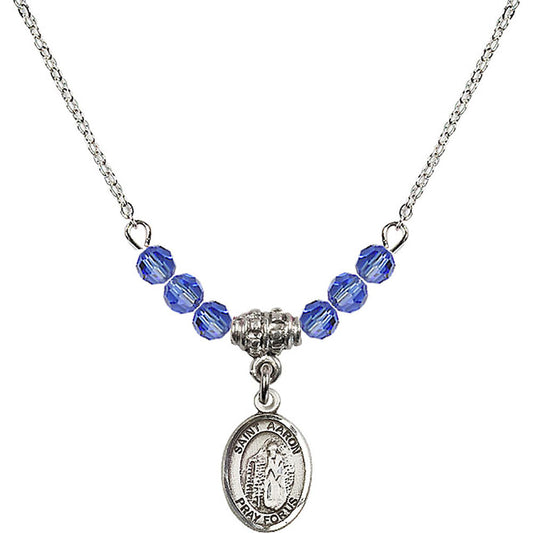 Sterling Silver Saint Aaron Birthstone Necklace with Sapphire Beads - 9254