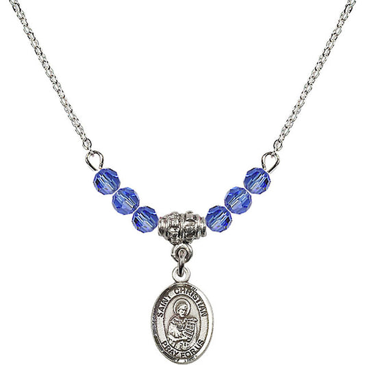 Sterling Silver Saint Christian Demosthenes Birthstone Necklace with Sapphire Beads - 9257