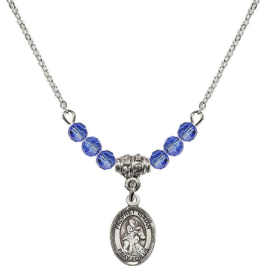 Sterling Silver Saint Isaiah Birthstone Necklace with Sapphire Beads - 9258