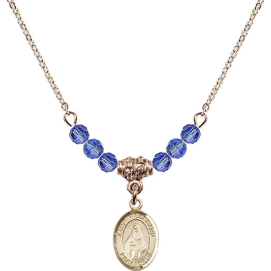 14kt Gold Filled Saint Hildegard von Bingen Birthstone Necklace with Sapphire Beads - 9260