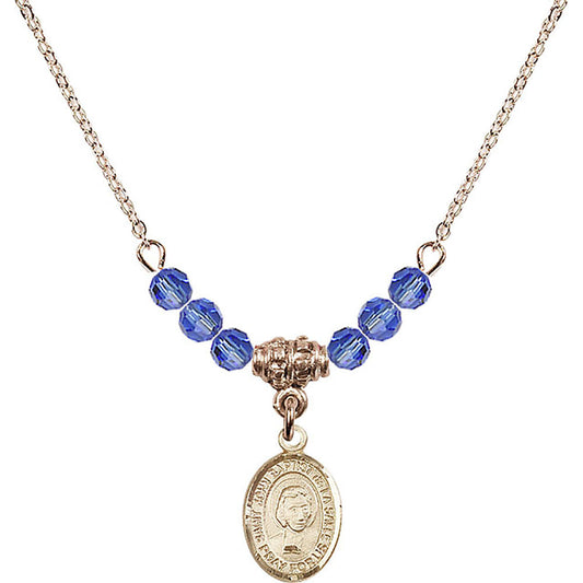 14kt Gold Filled Saint John Baptist de la Salle Birthstone Necklace with Sapphire Beads - 9262