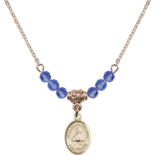 14kt Gold Filled Our Lady of San Juan Birthstone Necklace with Sapphire Beads - 9263