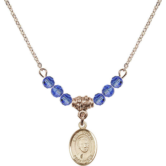 14kt Gold Filled Saint Eugene de Mazenod Birthstone Necklace with Sapphire Beads - 9266