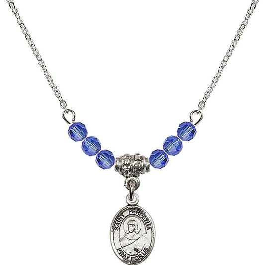 Sterling Silver Saint Perpetua Birthstone Necklace with Sapphire Beads - 9272