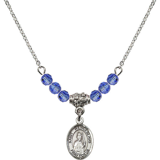 Sterling Silver Saint Wenceslaus Birthstone Necklace with Sapphire Beads - 9273