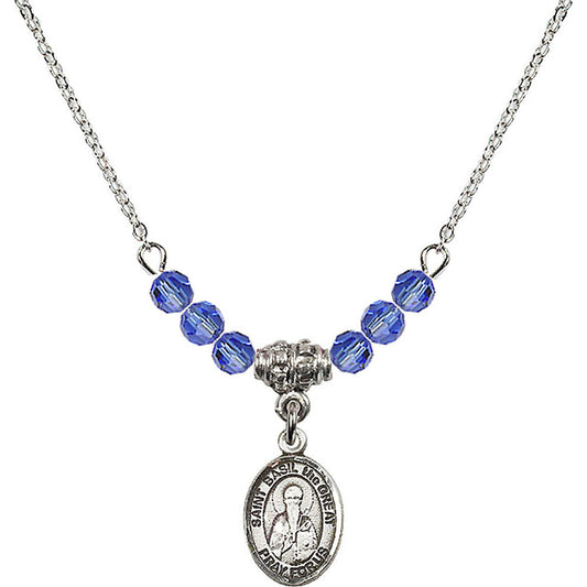 Sterling Silver Saint Basil the Great Birthstone Necklace with Sapphire Beads - 9275