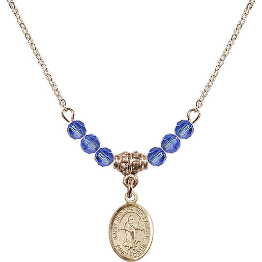 14kt Gold Filled Saint Isidore the Farmer Birthstone Necklace with Sapphire Beads - 9276