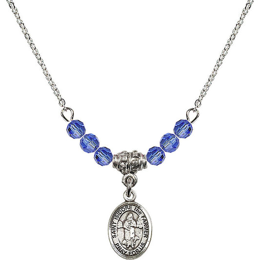 Sterling Silver Saint Isidore the Farmer Birthstone Necklace with Sapphire Beads - 9276