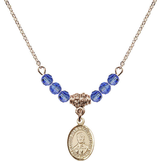 14kt Gold Filled Blessed Pier Giorgio Frassati Birthstone Necklace with Sapphire Beads - 9278
