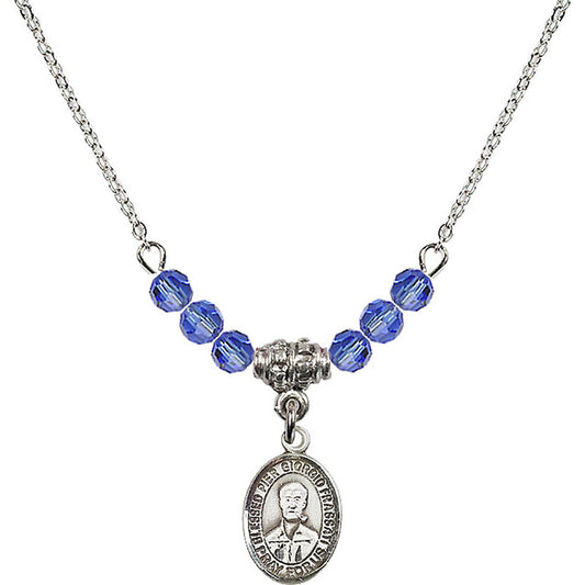 Sterling Silver Blessed Pier Giorgio Frassati Birthstone Necklace with Sapphire Beads - 9278