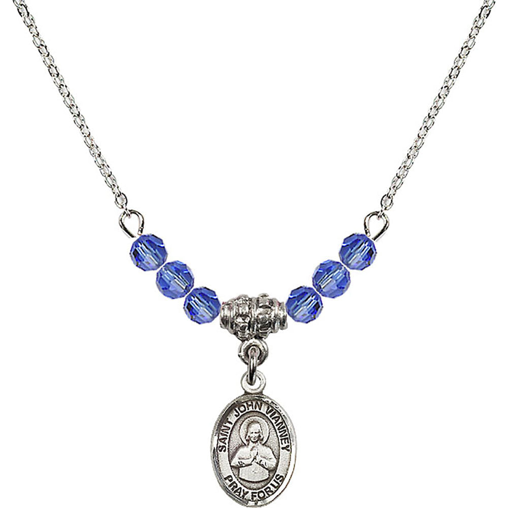 Sterling Silver Saint John Vianney Birthstone Necklace with Sapphire Beads - 9282