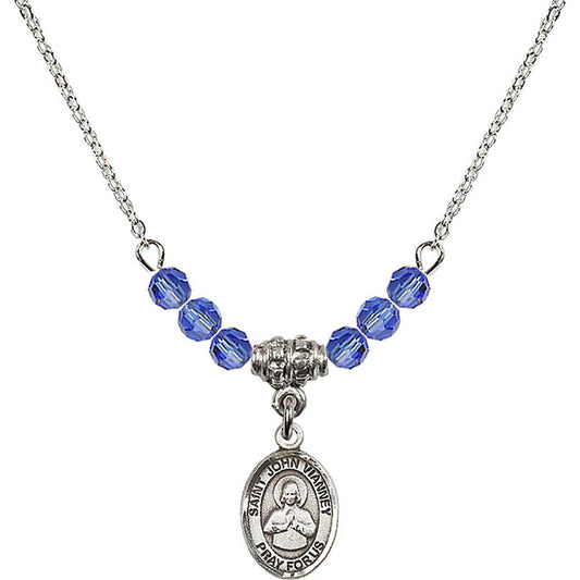 Sterling Silver Saint John Vianney Birthstone Necklace with Sapphire Beads - 9282