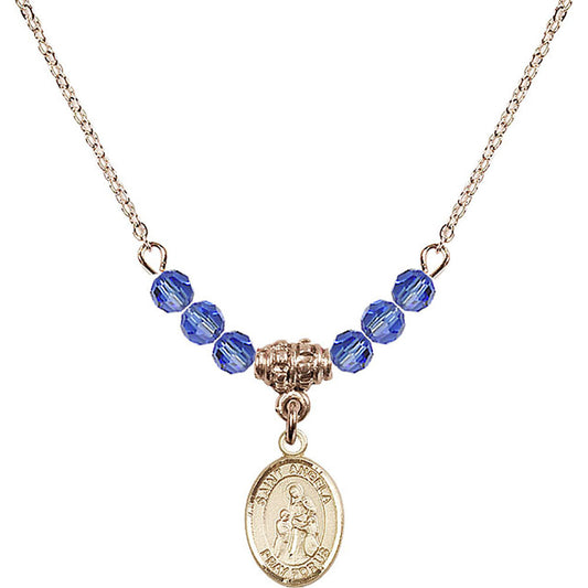 14kt Gold Filled Saint Angela Merici Birthstone Necklace with Sapphire Beads - 9284